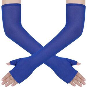 Women's Long Royal Blue Tulle Satin Gloves Elbow Length Wedding Party Costume